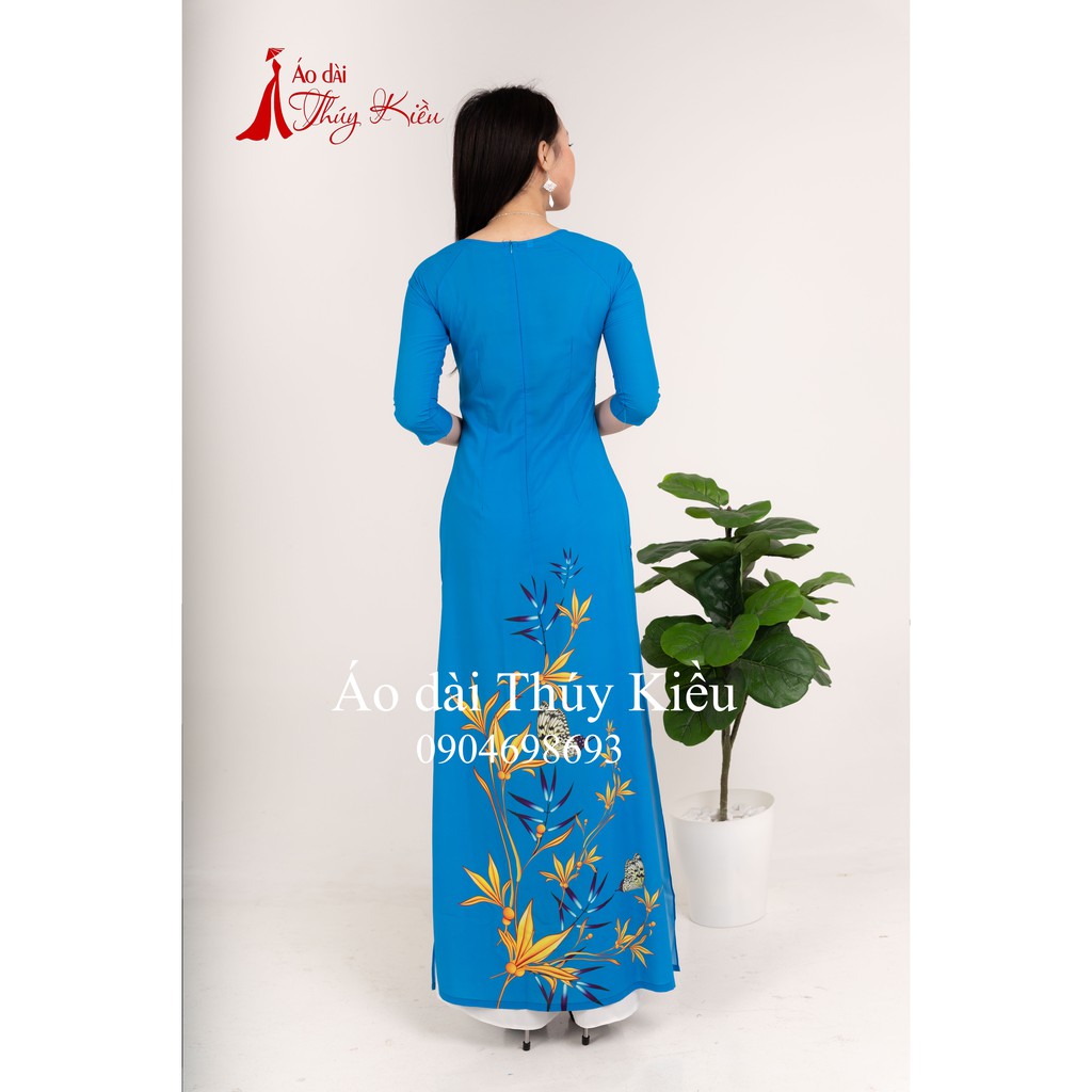 Áo dài Thúy Kiều in 3D lụa Nhật xanh dương lá vàng bướm K25