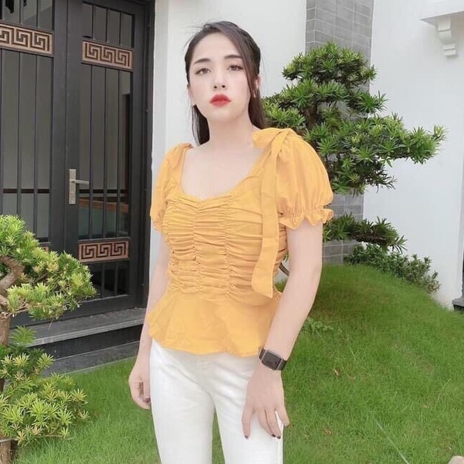 Áo Kiểu Nữ Cổ Vuông Tay Bồng Nơ Vai Xinh Xắn