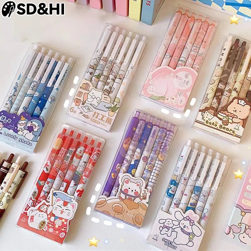 6 cái Bộ bút gel Kawaii có thể thu vào Bút dễ thương Mực đen 0,5 mm Đồ dùng học tập Văn phòng phẩm Kawaii Bút bi Viết học sinh