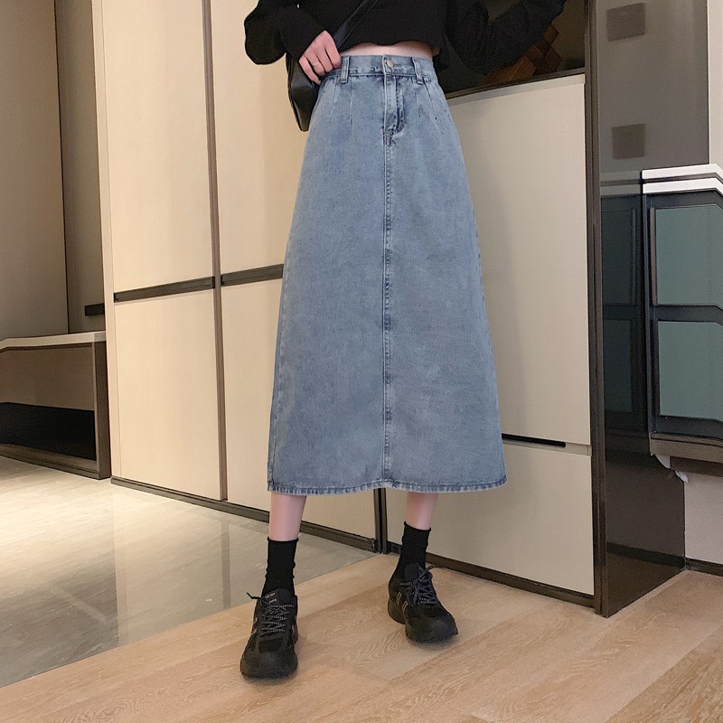 Chân Váy Denim Lưng Cao Xẻ Tà Phong Cách Vintage | BigBuy360 - bigbuy360.vn