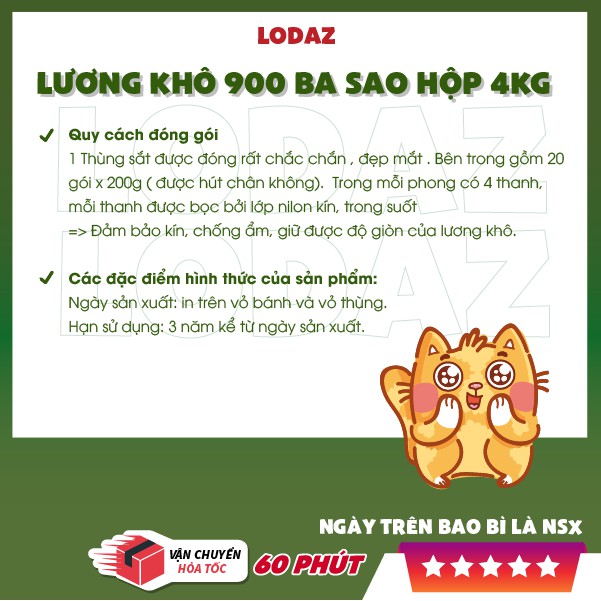 Lương khô 900 Ba Sao thùng 4 kg, bánh quy nén thơm ngon vị sữa, không cứng, dễ ăn bữa sáng dinh dưỡng hỗ trợ ăn kiêng