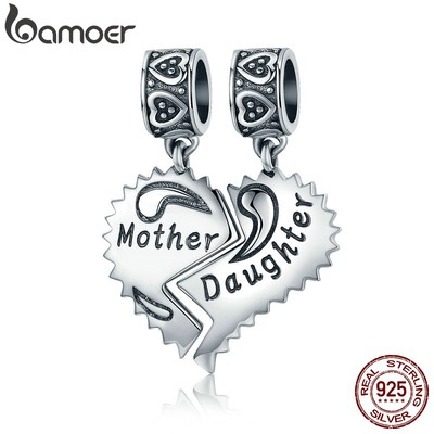 Hạt Xỏ Vòng Tay Dây Chuyền Bamoer Scc427 Bạc 925 Hình Trái Tim Khắc Chữ Mom & Daughter Xinh Xắn
