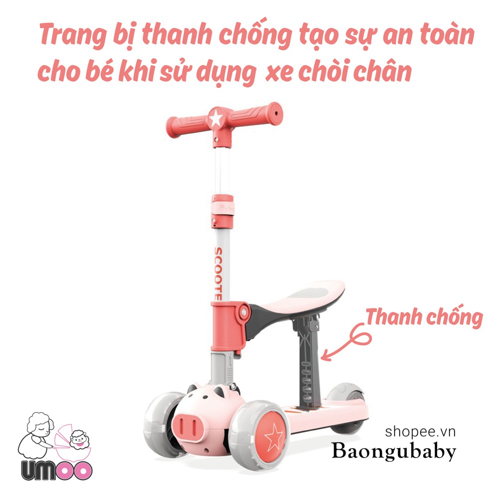 |Baongubaby| Xe Scooter cho bé Umoo 2 trong 1 hình heo, vừa là xe trược scooter vừa là xe chòi chân