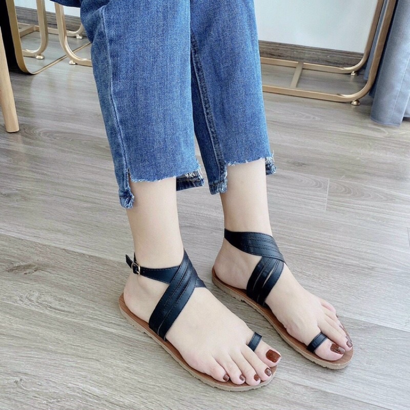 [Deal giá gốc] Dép sandal xỏ ngón da lì đắp chéo đế bệt vân gỗ siêu hot