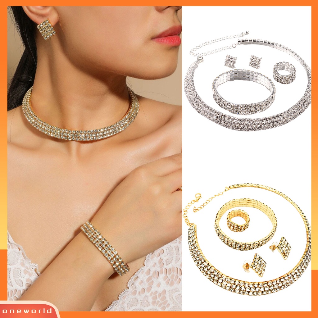 1 Bộ Trang Sức Vòng Cổ / Nhẫn / Bông Tai Đính Đá Lấp Lánh Thời Trang Cho Đám Cưới