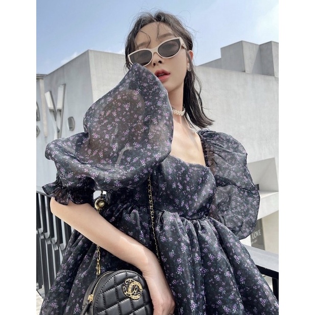 Đầm babydoll hoa nhí cổ vuông tay lở xinh xắn phong cách công chúa ulzzang Sam Sam Boutique