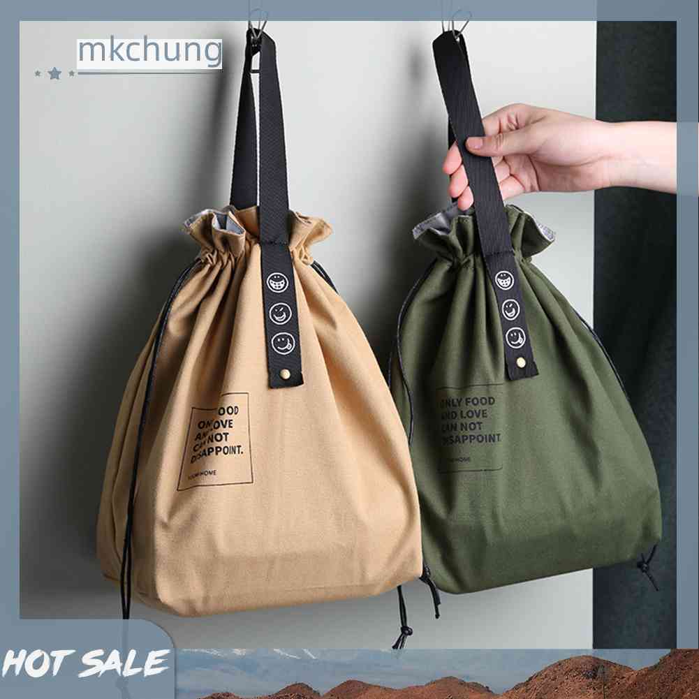 Túi Đựng Hộp Cơm Trưa Giữ Nhiệt Bằng Vải Canvas Có Dây Rút Tiện Lợi