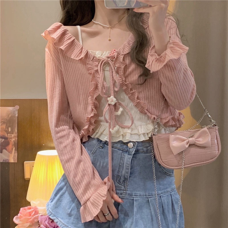 Áo Cardigan Ngắn Chống Nắng Cột Dây Nơ Tai Gỗ Dễ Thương Phong Cách Nhật Bản Cho Nữ