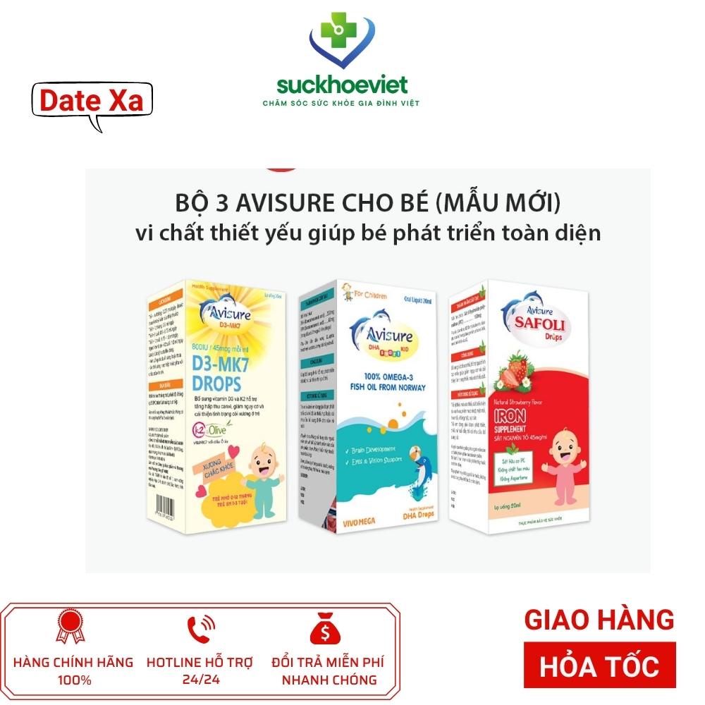 Bộ ba vi chất Avisure nhỏ giọt thiết yếu cho bé - Avisure DHA, sắt Safoli drop, vitamin D3-MK7 avisure