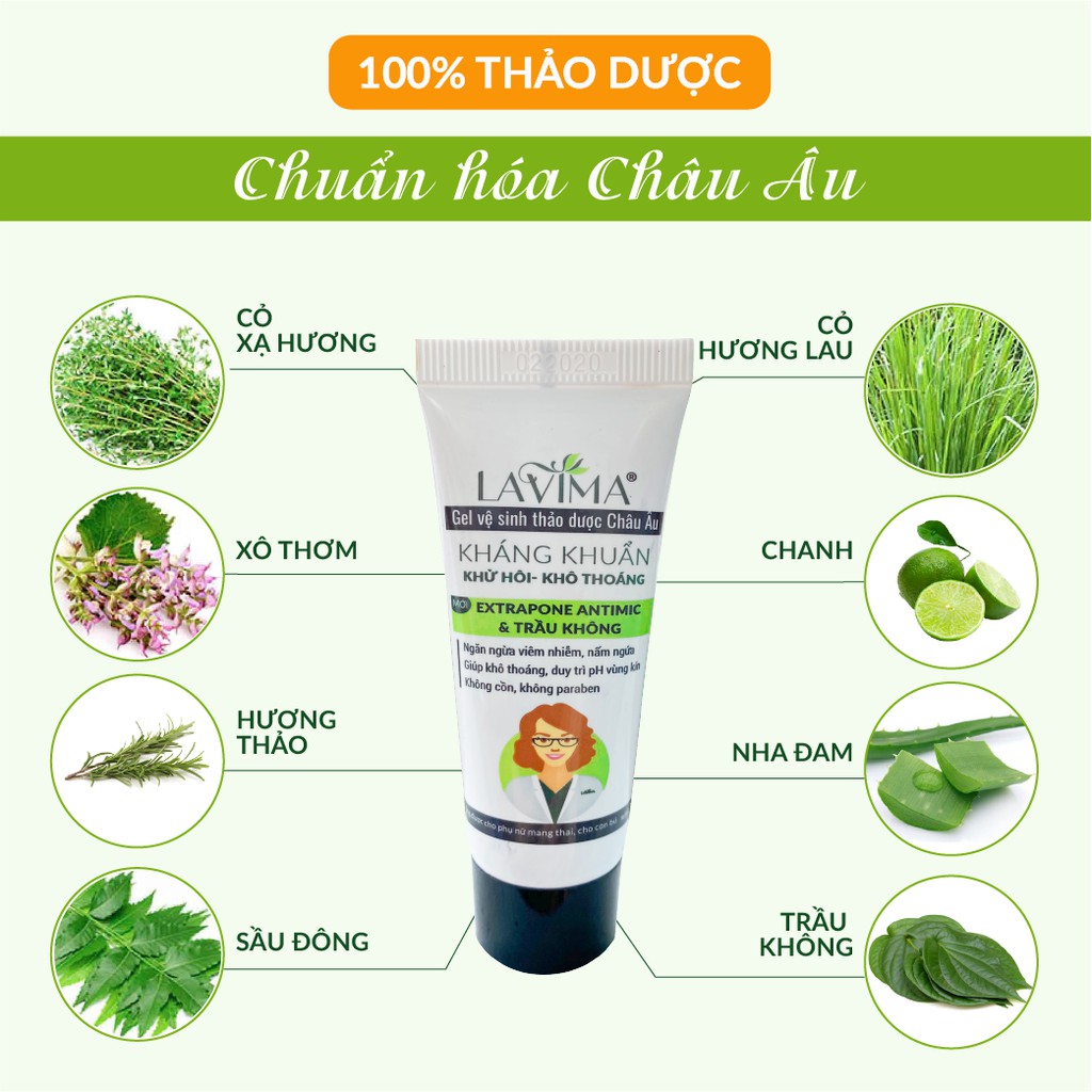 Tuýp rửa phụ khoa (gel phụ khoa, ddvs) LAVIMA 20g- Huyết trắng, nấm ngứa, lộ tuyến- 100% thảo dược Châu Âu