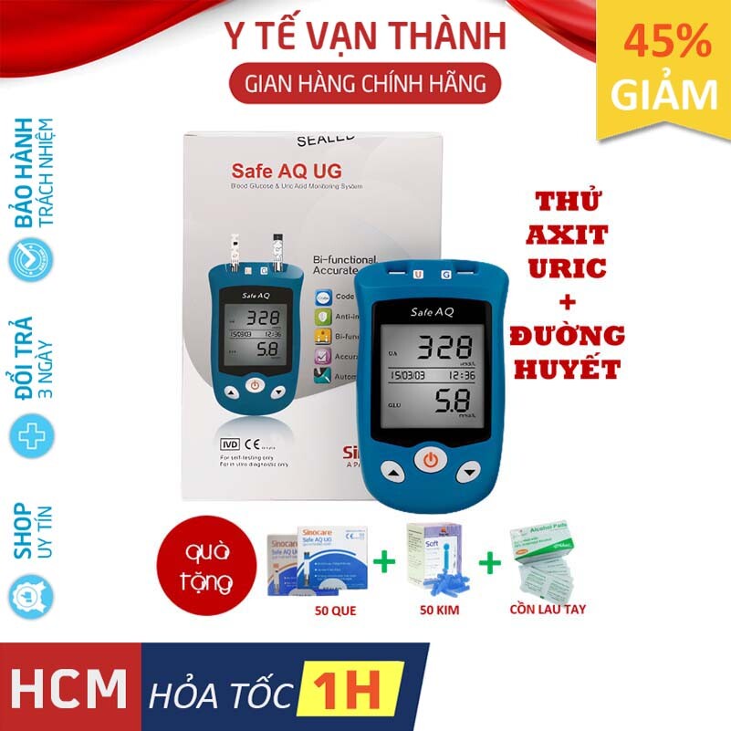 ✅ Máy Đo Đường Huyết + Axit Uric: Sinocare Safe AQ UG (Đức) (Trọn Bộ 50 Que, 50 Kim, Tặng CỒN) - BH Trọn Đời - VT0594