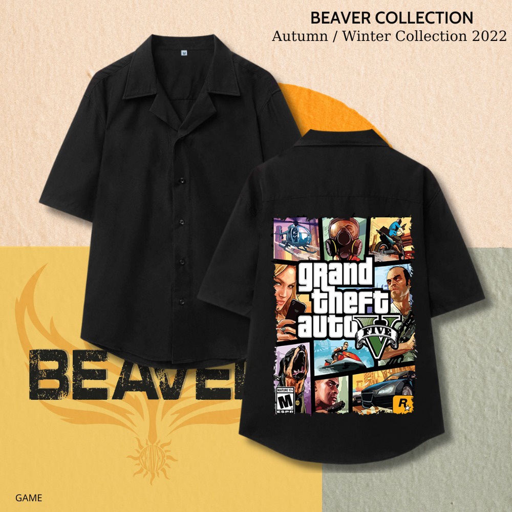 NHIỀU MẪU Áo Sơ Mi ĐEN Hoạ Tiết BEAVER Tay Ngắn Cổ Vest Thời Trang Unisex Vải Lụa Chéo