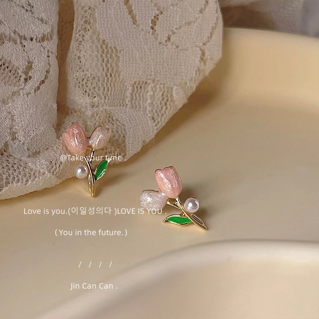 Dây chuyền/ Vòng đeo tay/ Khuyên tai 17KM mặt hoa tulip hồng đính hạt ngọc trai nhân tạo thanh lịch ngọt ngào cho nữ