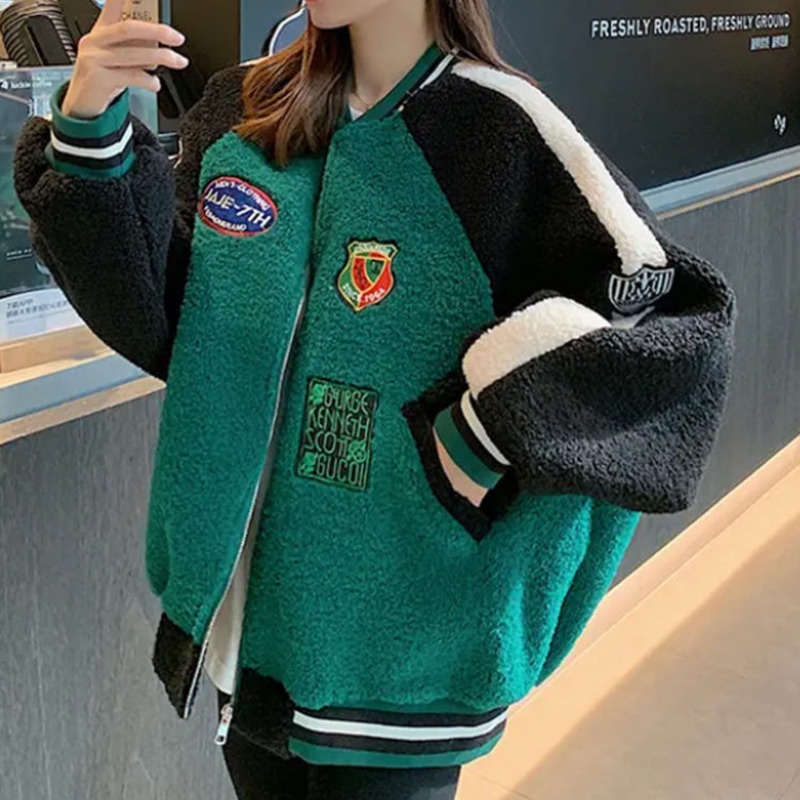 Áo Khoác Bóng Chày Vải Len Lông Cừu Phối Màu Sắc Tương Phản Thời Trang Thu Đông Cho Nữ