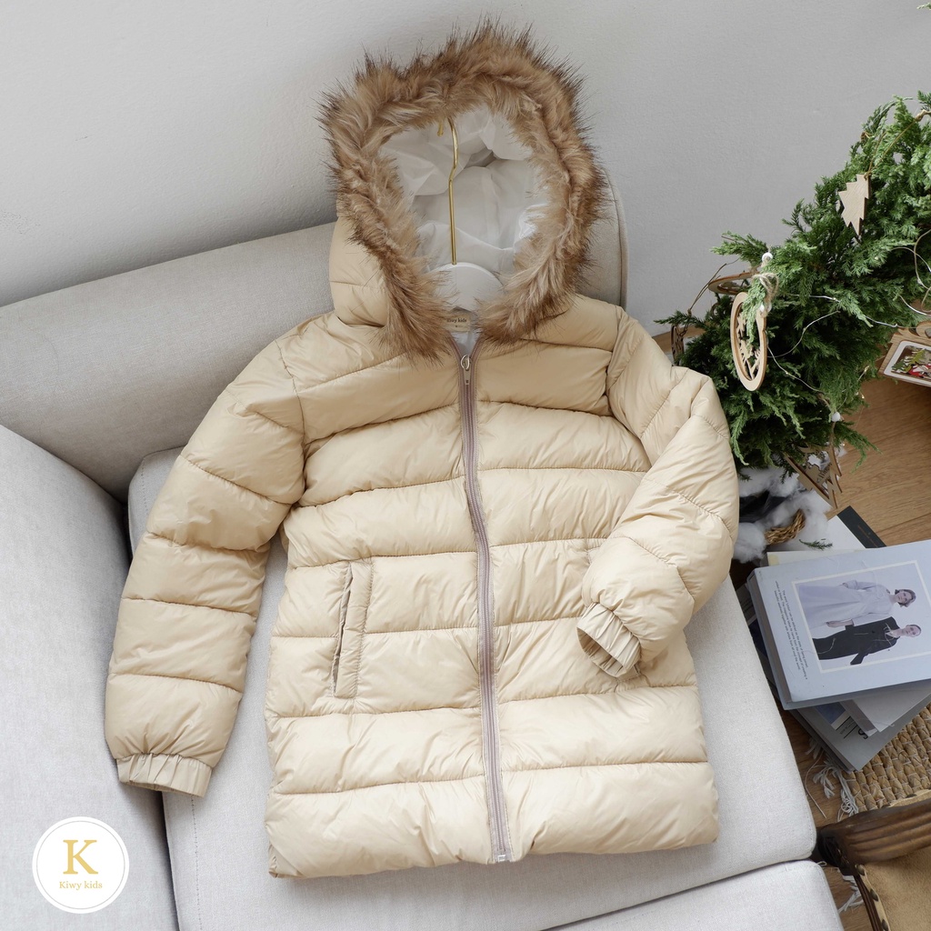 Áo phao trẻ em dáng dài Kiwy Kids có mũ lông chất liệu gió chần bông siêu nhẹ ấm áp Kids2141 bé 5 đến 11 tuổi