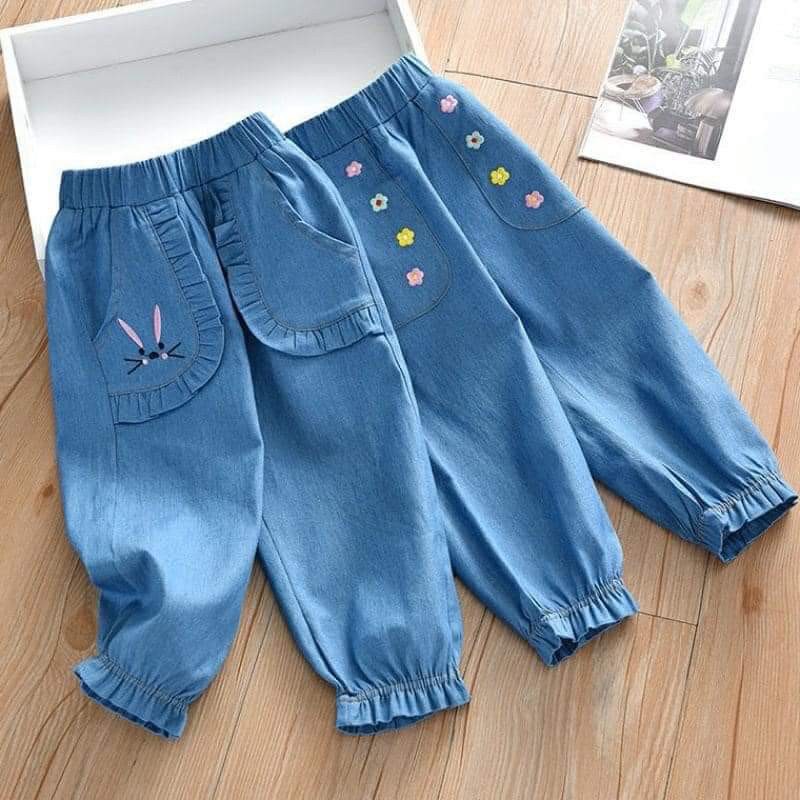 [MẪU MỚI] QUẦN JEANS BO CHUN THÊU THỎ HOA PHONG CÁCH HÀN QUỐC CHO BÉ YÊU 9-18KG. VIDEO THẬT. XƯỞNG MAY BIBO