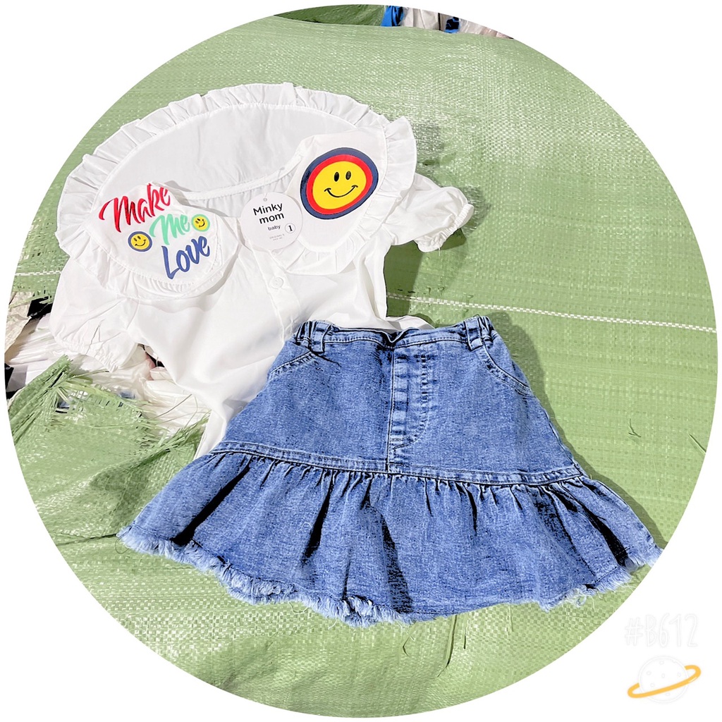 Sét váy đuôi cá kèm áo sơ mi trắng cho bé gái, sét áo sơ mi trắng Make me love phối chân váy jean tua rua cho bé