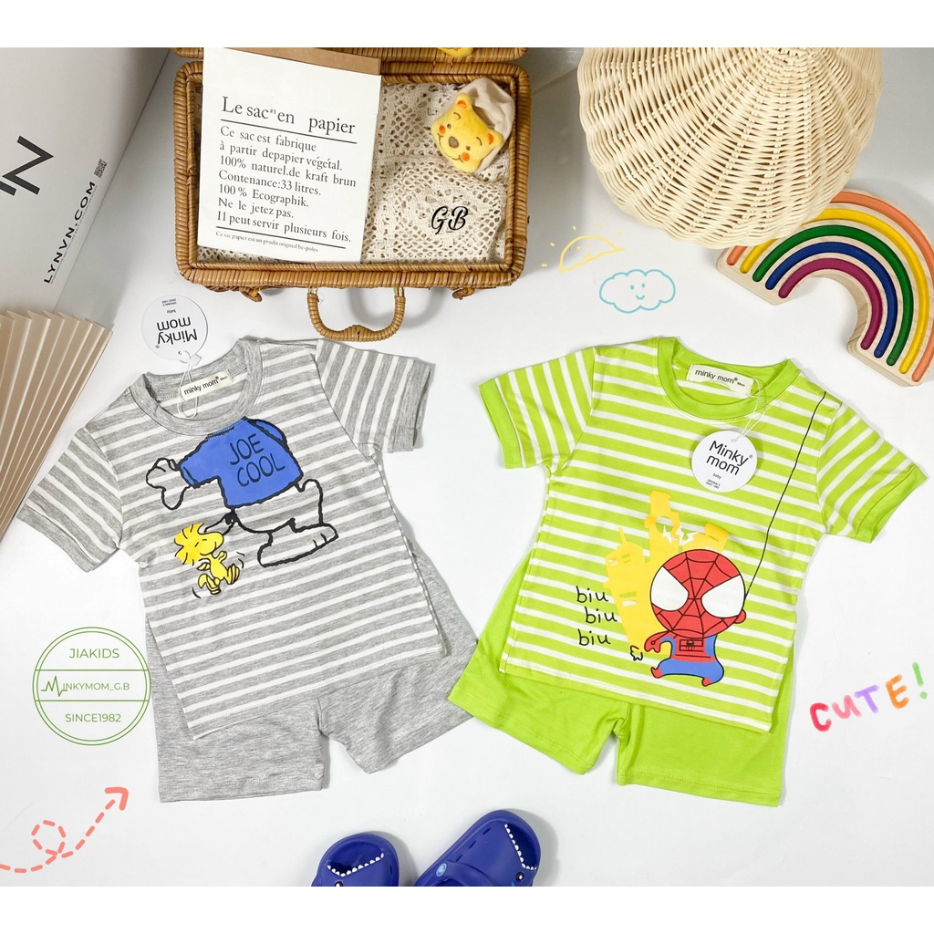 Bộ Cộc Tay THUN LẠNH MINKY MOM Áo Vải Sọc In Hình Quần Trơn Cho Bé TN-IN76