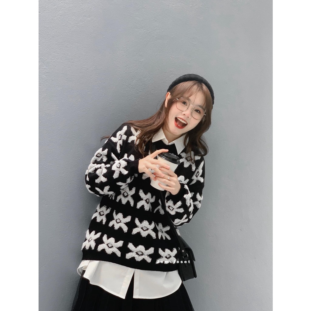 Áo Len Nữ Form Rộng JEM CLOSET Tay Dài Họa Tiết Tinh Tế Style Thời Trang Thu Đông XUKAT 1841