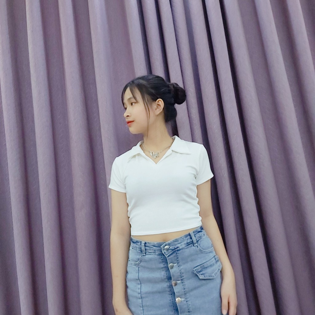 Áo thun croptop - áo croptop ôm body phong cách Ulzzang chất cotton 100% co giãn mềm mịn có cổ CRT-005 | BigBuy360 - bigbuy360.vn
