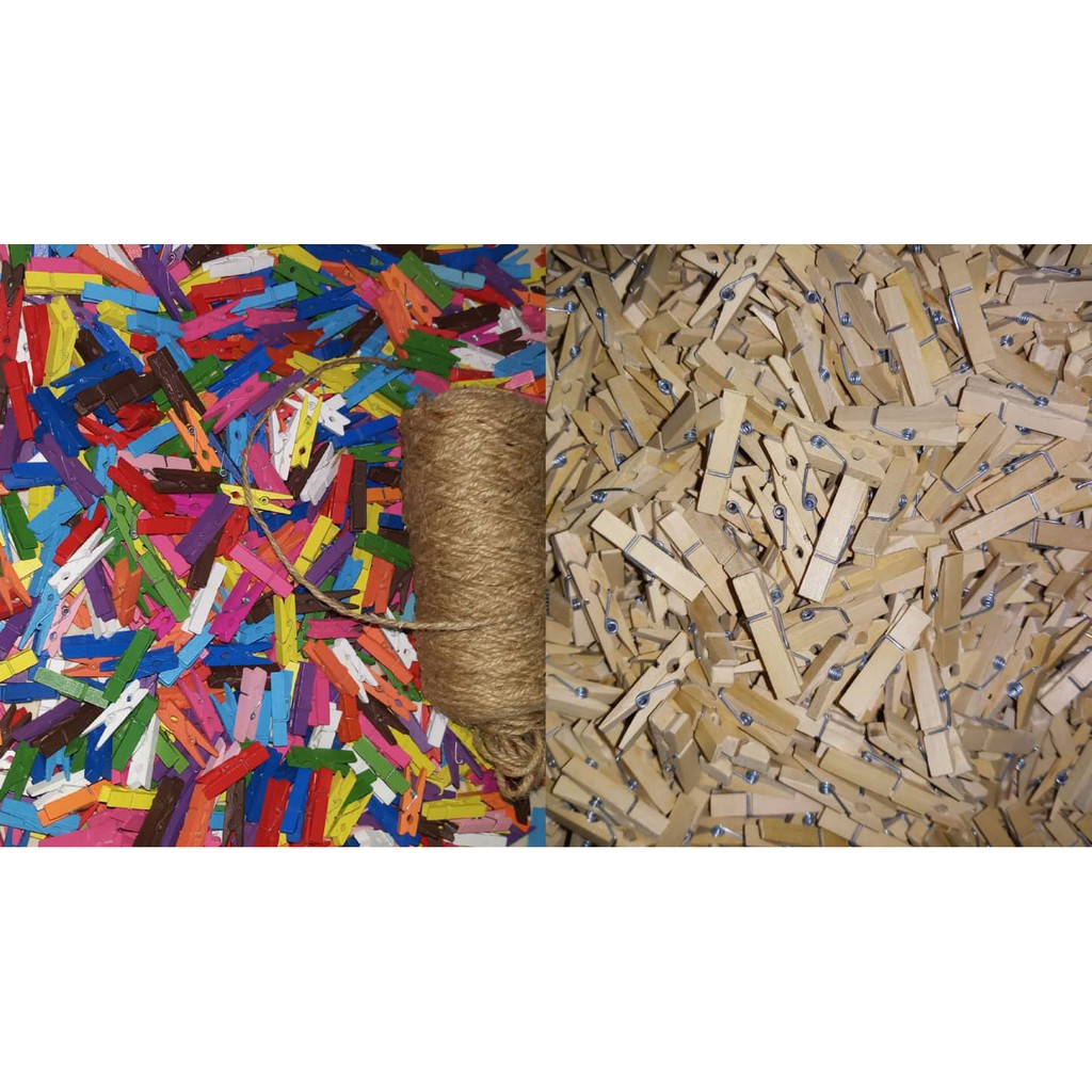 Set 100 kẹp gỗ, kẹp màu 35mm + 10m dây treo