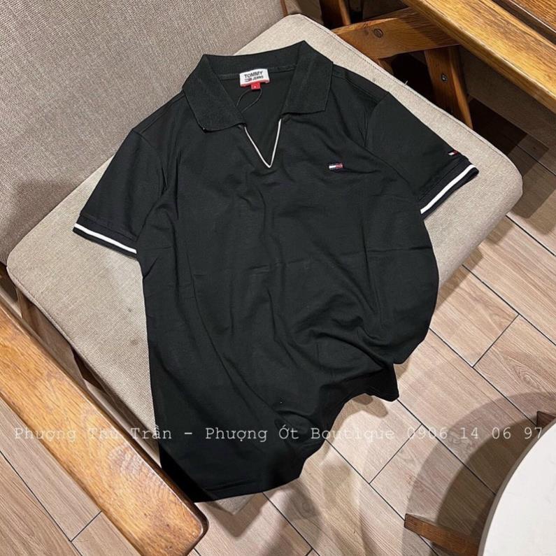 ÁO POLO NỮ MÀU ĐEN PHỐI VIỀN CỔ V SIÊU HOT