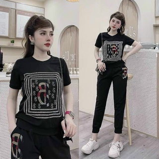 [CAO CẤP] BỘ ĐỒ THỂ THAO NỮ ĐÍNH ĐÁ TRẮNG HỌA TIẾT CÁI NÓN [HÀNG XUẤT NHẬT-HÀN QUỐC]