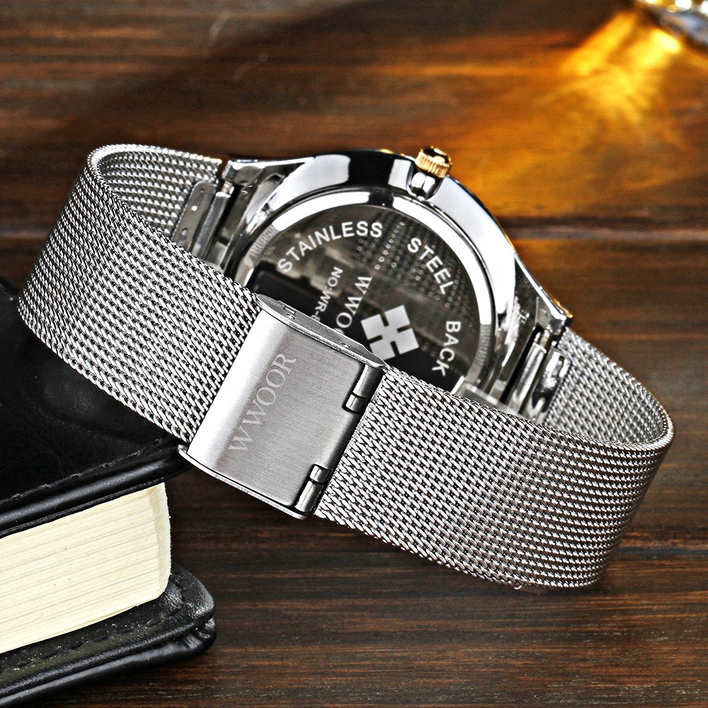 Đồng hồ WWOOR 8016 chất liệu thép không gỉ chống nước siêu mỏng cho nam