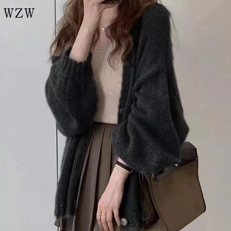 Áo Khoác Cardigan Dệt Kim Tay Phồng Dáng Rộng Thời Trang Mùa Thu Cho Nữ Dưới 100kg