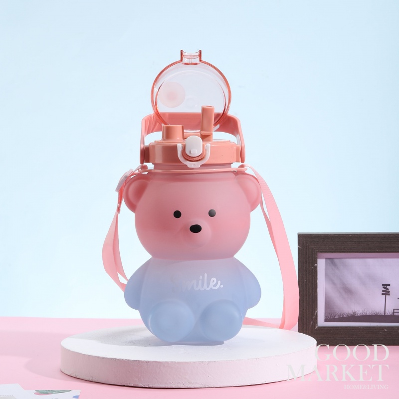 Bình Nước Thể Thao 800ml Bằng Nhựa Màu Hồng In Họa Tiết Dễ Thương Có Ống Hút Và Dây Đeo Cho Bé Gái