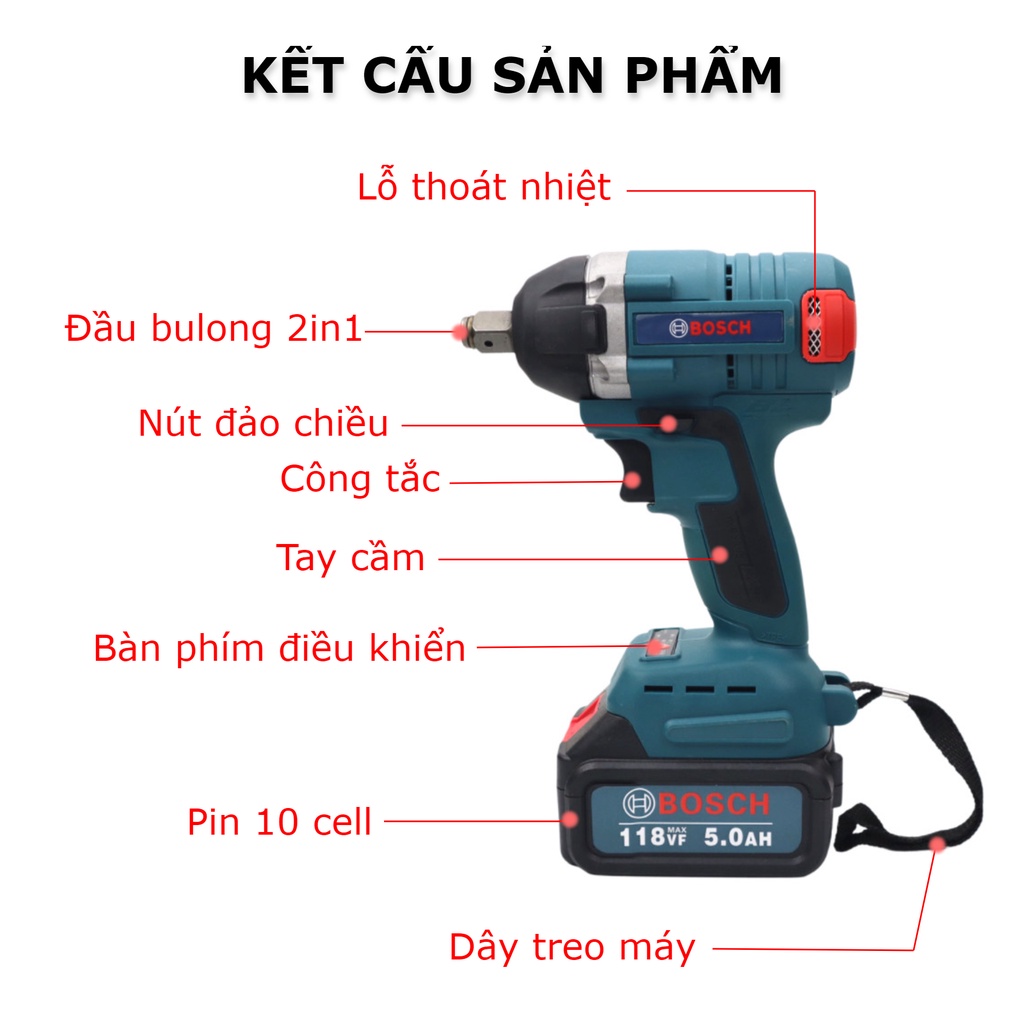 Máy siết bulong Bosch 118V 2 pin đầu 2 trong 1 100% dây đồng không chổi than
