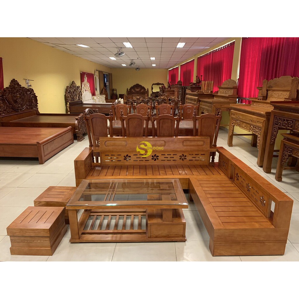 Bộ sofa góc hoa thủy gỗ sồi nga 5 món SFG074