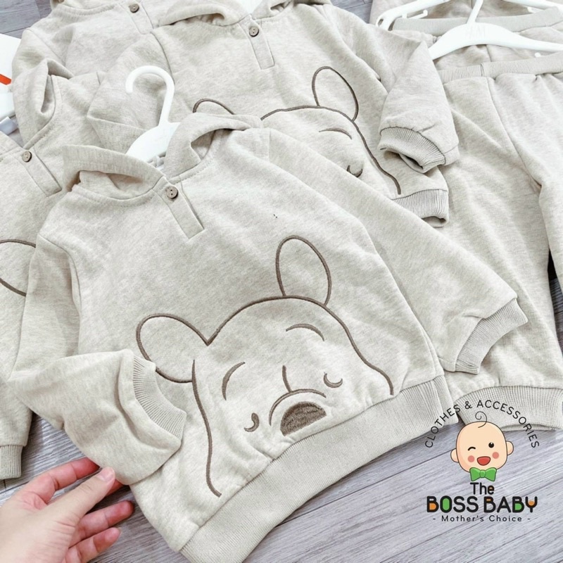 Bộ nỉ Hodie Bé trai mũ gấu màu be