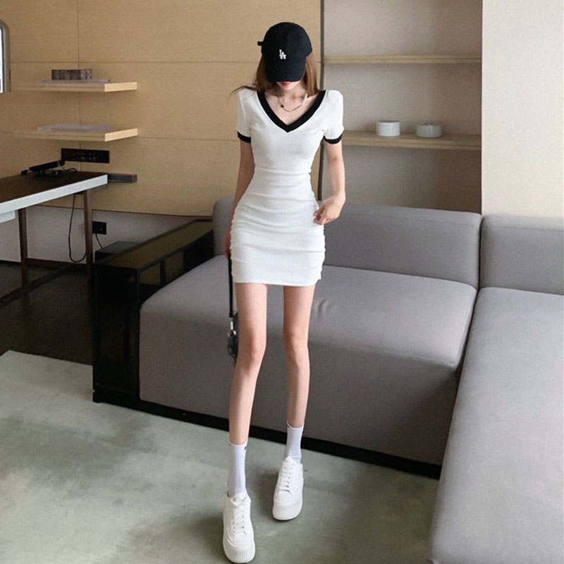 IELGY Đầm Tay Ngắn Cổ Chữ V Dáng Ôm Thời Trang Dành Cho Nữ