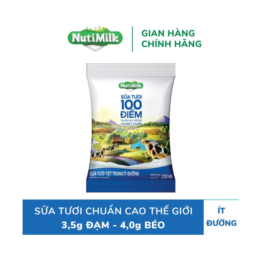 Sữa tươi 100 điểm Nutifood NutiMilk ít đường 220ml/bịch