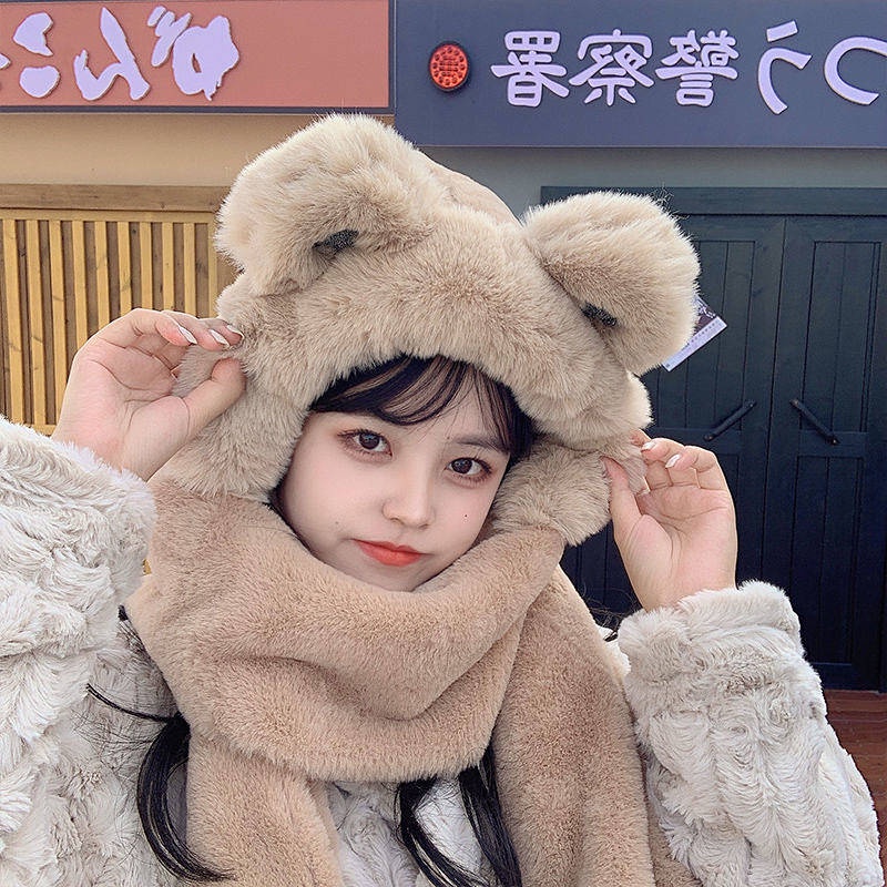 Mũ trùm đầu có tai gấu kiêm khăn choàng cổ và găng tay giữ ấm kiểu dáng dễ thương thời trang mùa đông thoải mái cho nữ