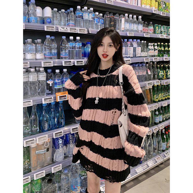 Jiashucheng Áo Sweater Dệt Kim Tay Dài Dáng Rộng Họa Tiết Kẻ Sọc Thiết Kế Rách Thời Trang Mùa Thu Mới Cho Nữ