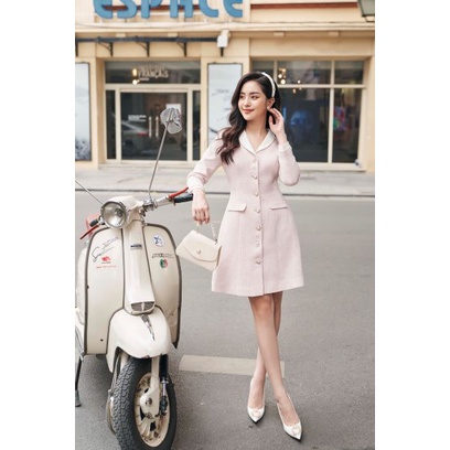 LALYA_Váy tweed hồng cổ sam