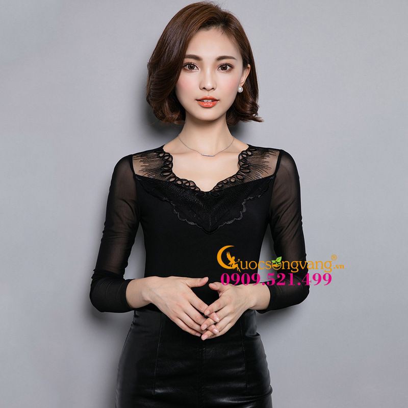 Áo nữ áo thun nữ dài tay dáng ôm cổ phối ren GLA076 Cuocsongvang