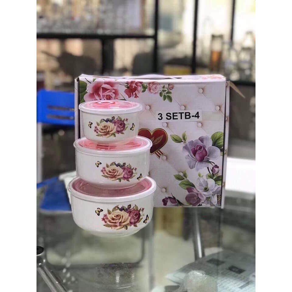 BỘ 3 BÁT SỨ HÌNH HOA HỒNG CÓ NẮP HÚT CHÂN KHÔNG
