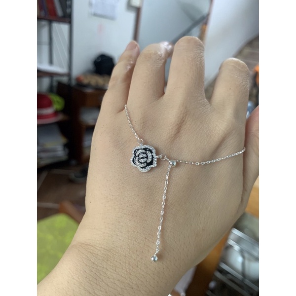 Bộ hoa hồng nạm đá cz đen xinh đẹp bạc chuẩn