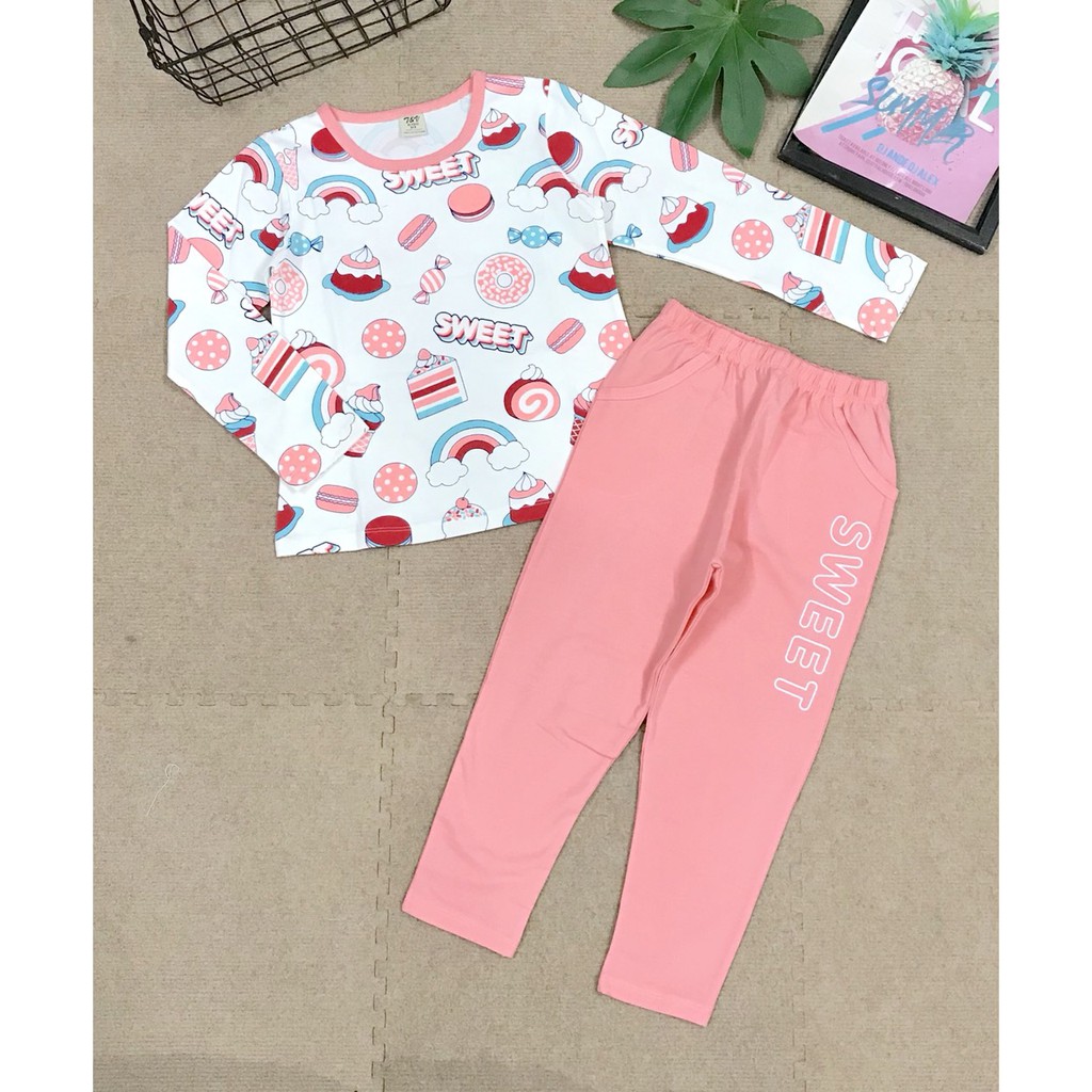 YB0094 - Bộ bé gái coton dài tay , in hoạ tiết , size 14t-22t , made in Vietnam.