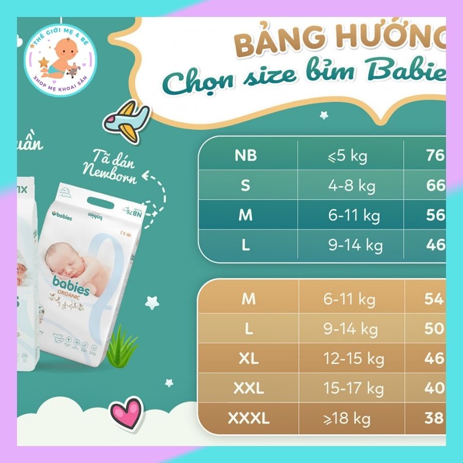 (MUA BỈM TẶNG QUÀ ) Combo 6 Bịch Tã Bỉm Dán/Quần Babies Organic SIZE S66/M56/L46/M54/L50/XL46/XXL40