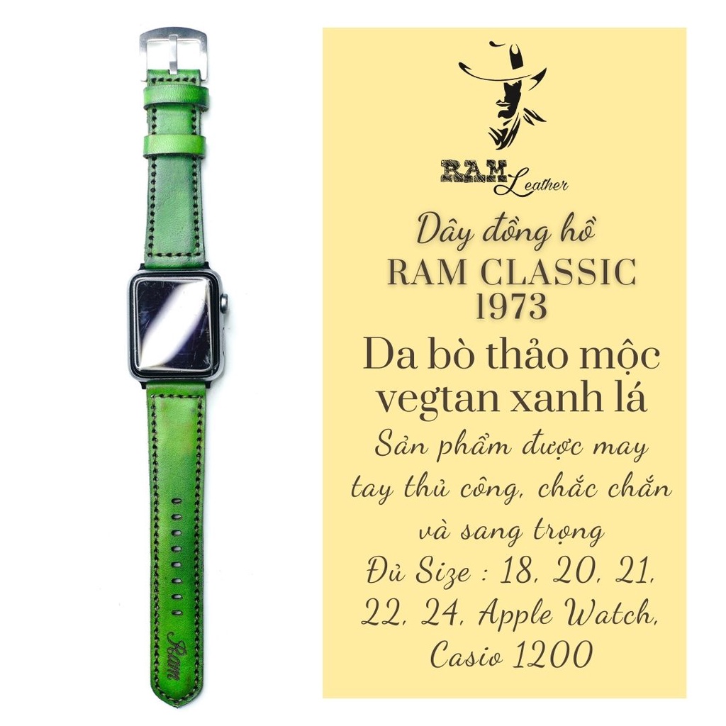 Dây Đồng Hồ Thủ Công Da Bò RAM Leather Italia Veg Xanh Lá RAM Leather Classic 1973 Bền Đẹp