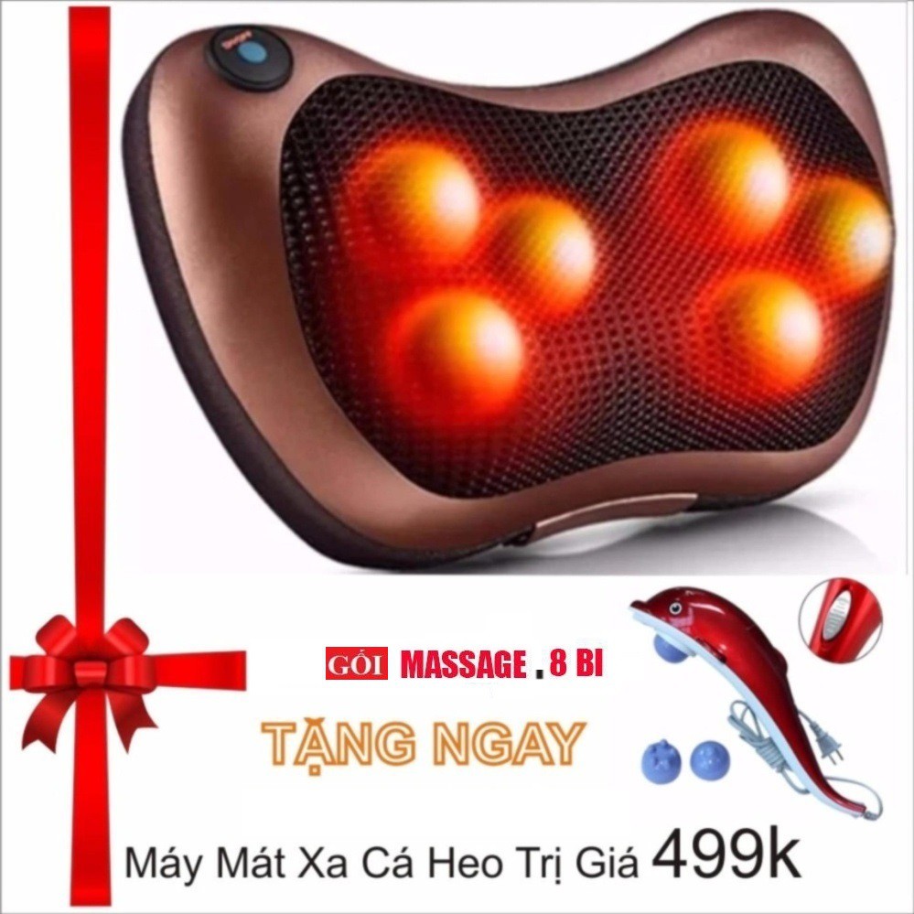 ( SIÊU HÓT ) Gối mát-xa hồng ngoại Massage Pillow nâu 8 bi + Tặng máy mát xa cá heo cao cấp 2020 ( làm quà tặng )