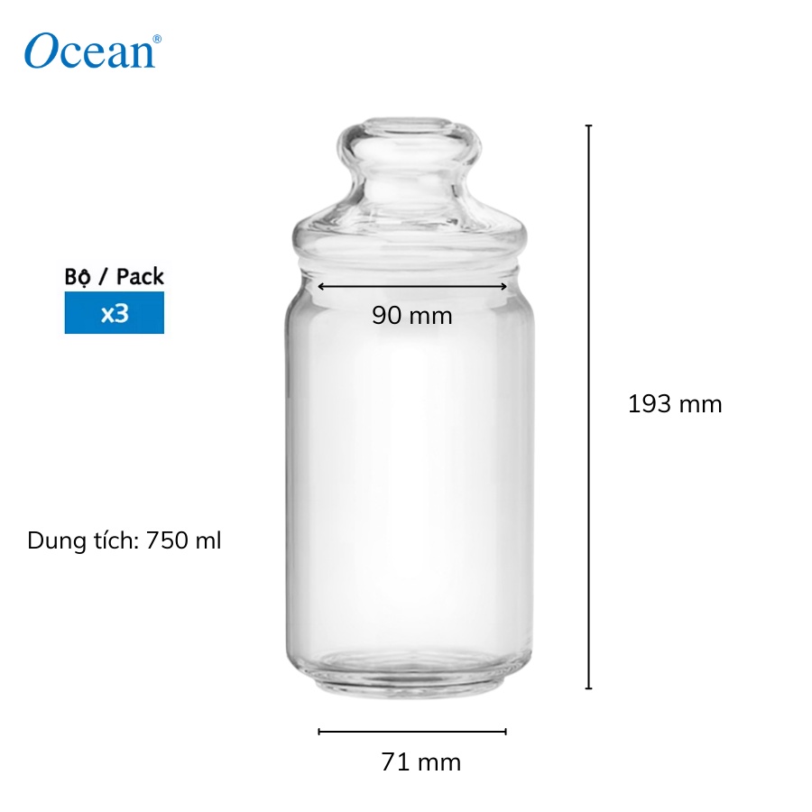 Bộ 3 hũ thủy tinh Ocean Pop Jar 750ml nắp kính - Chính Hãng
