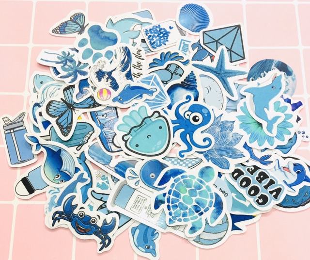 Sticker động vật biển set 30-50 cái ép lụa/hình dán màu xanh nước biển