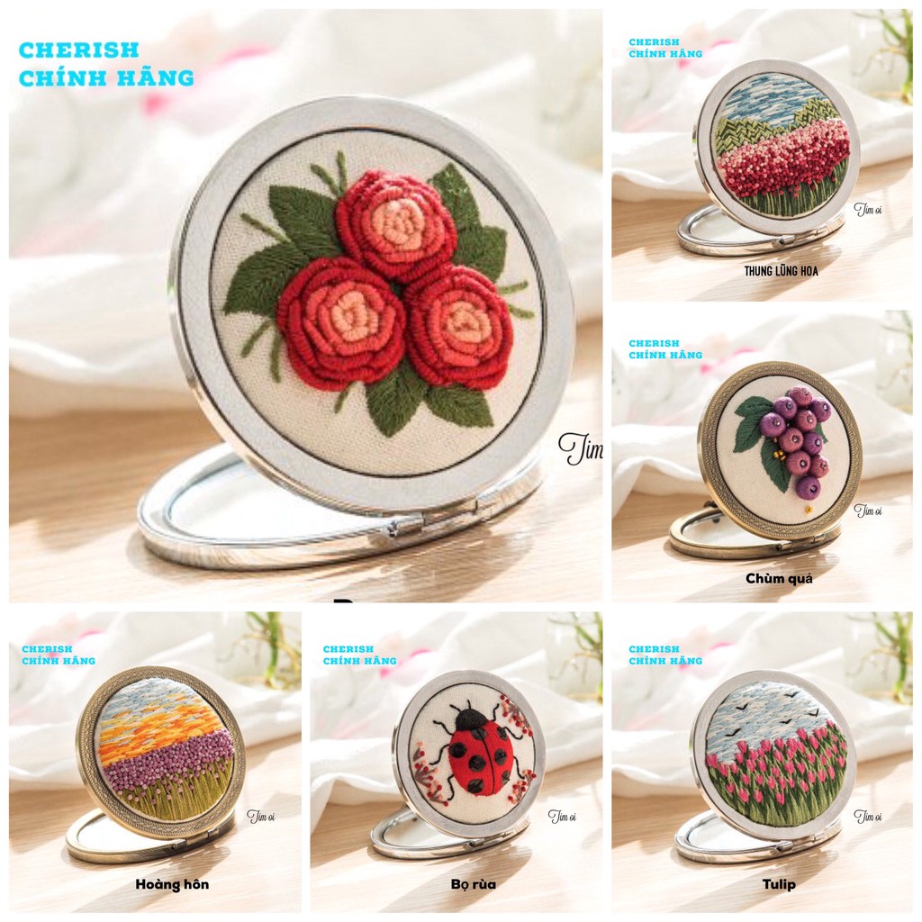 [Sẵn Hoàng Hôn, Thung lũng hoa, Roses, Tulip] Kit thêu tay gương tròn hãng Cherish viền nổi có 7 mẫu ( dùng khung 13cm)