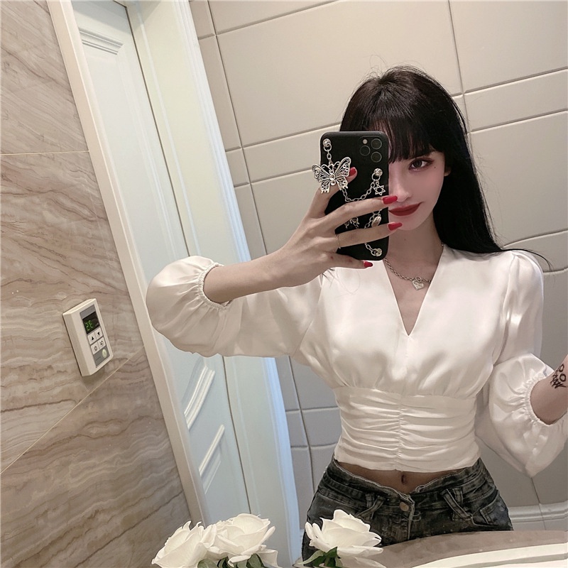 Áo Kiểu Tay Dài Cổ Chữ V Thời Trang Xinh Xắn Cho Nữ