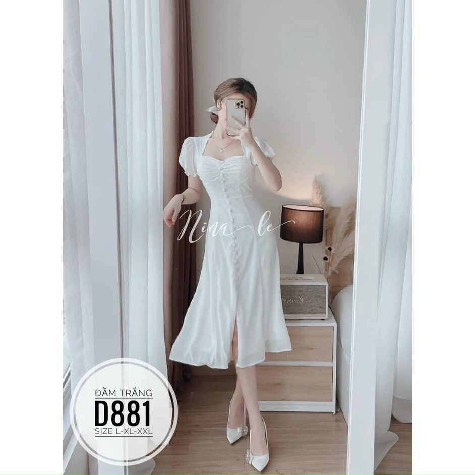 Đầm trắng hoa nhí tay bèo nút bọc xẻ tà tiểu thư xinh xắn